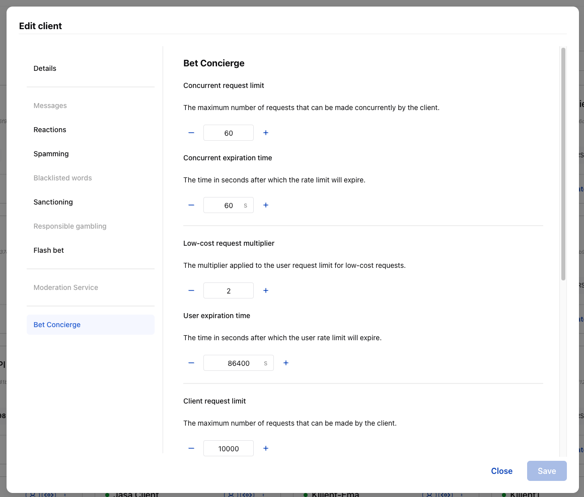 Bet Concierge settings